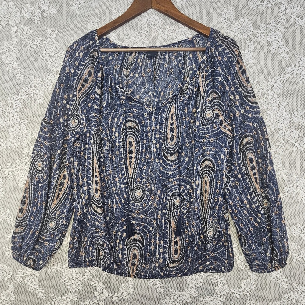 Lucky‎ Brand Paisley Blouse Top Women's Large Long Sleeve Boho Sheer Popover